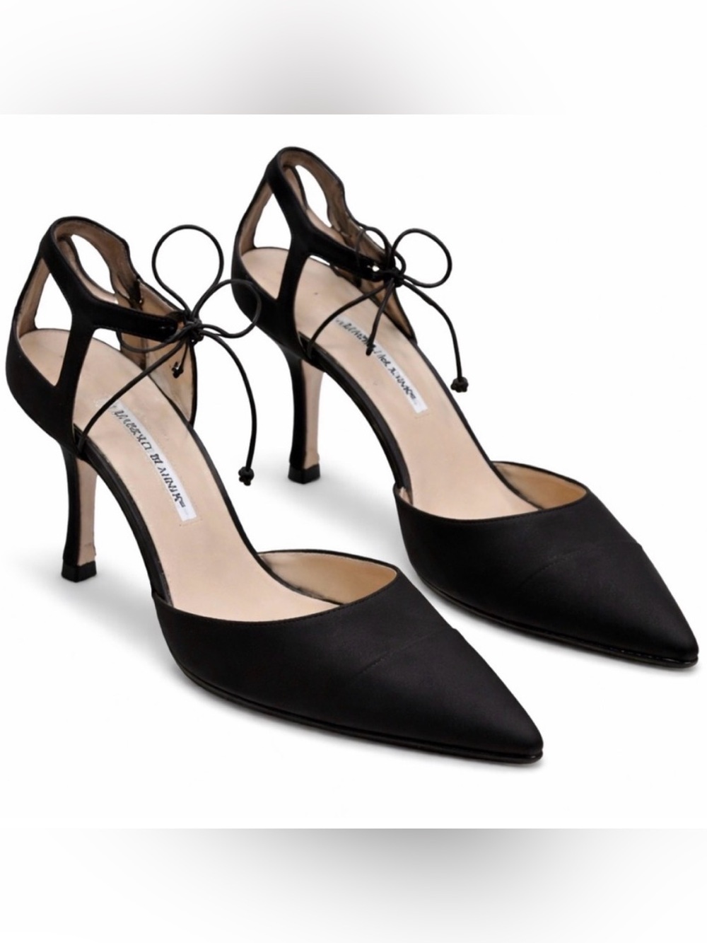 Manolo Blahnik Zaman 70 Black Satin Ankle-Tie Pumps 39.5